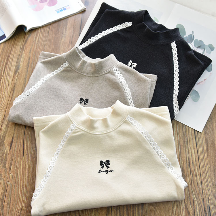 女童保暖软糯蝴蝶结花边半高领套头打底衫 中大儿童内搭上衣冬