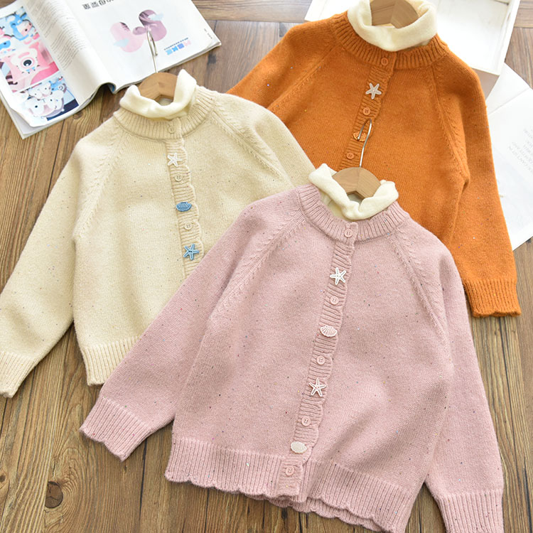 女童洋气贝壳扣假两件半高领套头毛衣儿童亮片针织衫上衣冬新年款