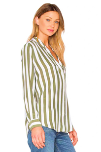 2025EQ家100%桑蚕丝素绉缎衬衫白底绿色条纹气质显瘦职场优雅女装