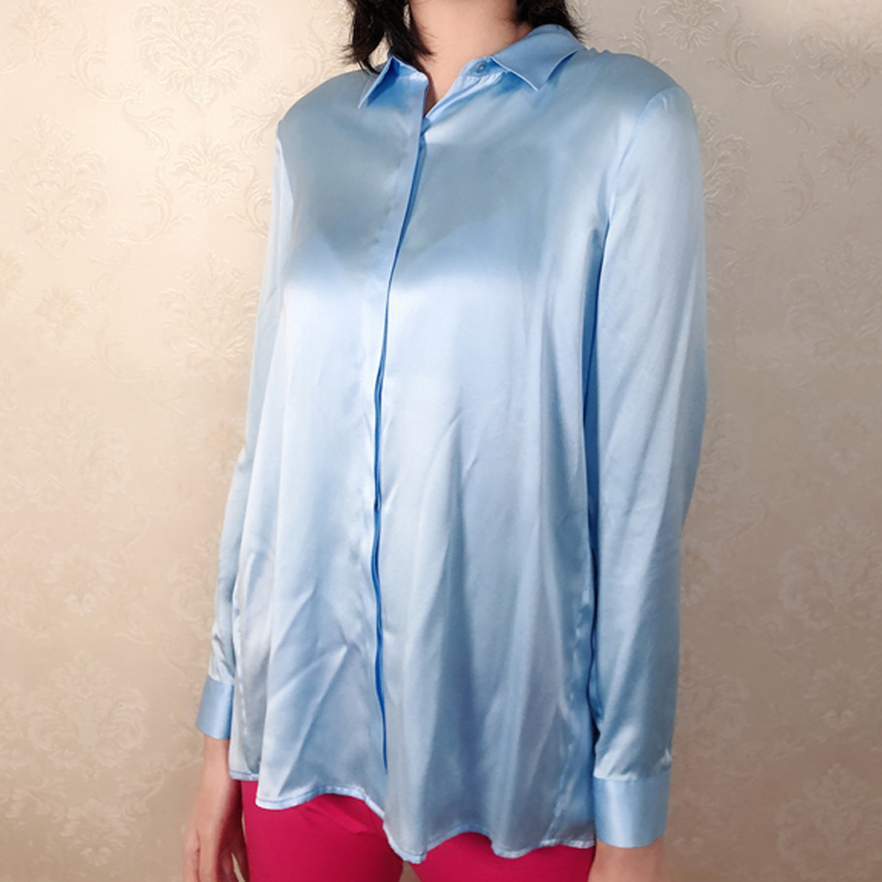 光泽感褶皱素绉缎真丝衬衫
