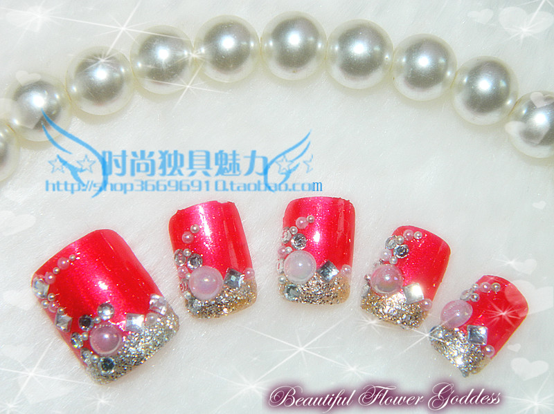 时尚包邮脚甲红色可拆卸光疗手工新娘假指甲穿戴美甲贴片成品可爱