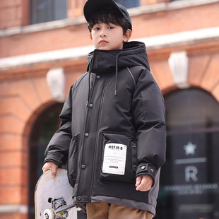断码清仓男童羽绒服工装风连帽羽绒服中长款加厚潮牌黑色外套冬季