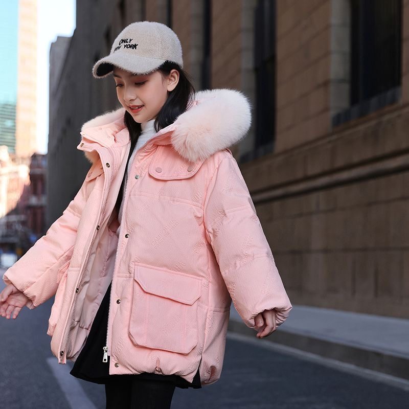 断码清仓儿童羽绒服女童中长款加厚保暖毛领白鸭绒羽绒服宽松外套