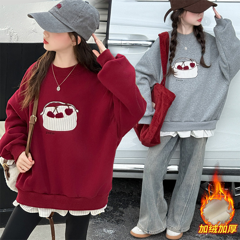 女童秋冬加绒樱桃刺绣落肩卫衣