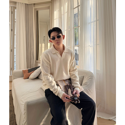 新贵风简约100羊毛polo奶油暖男