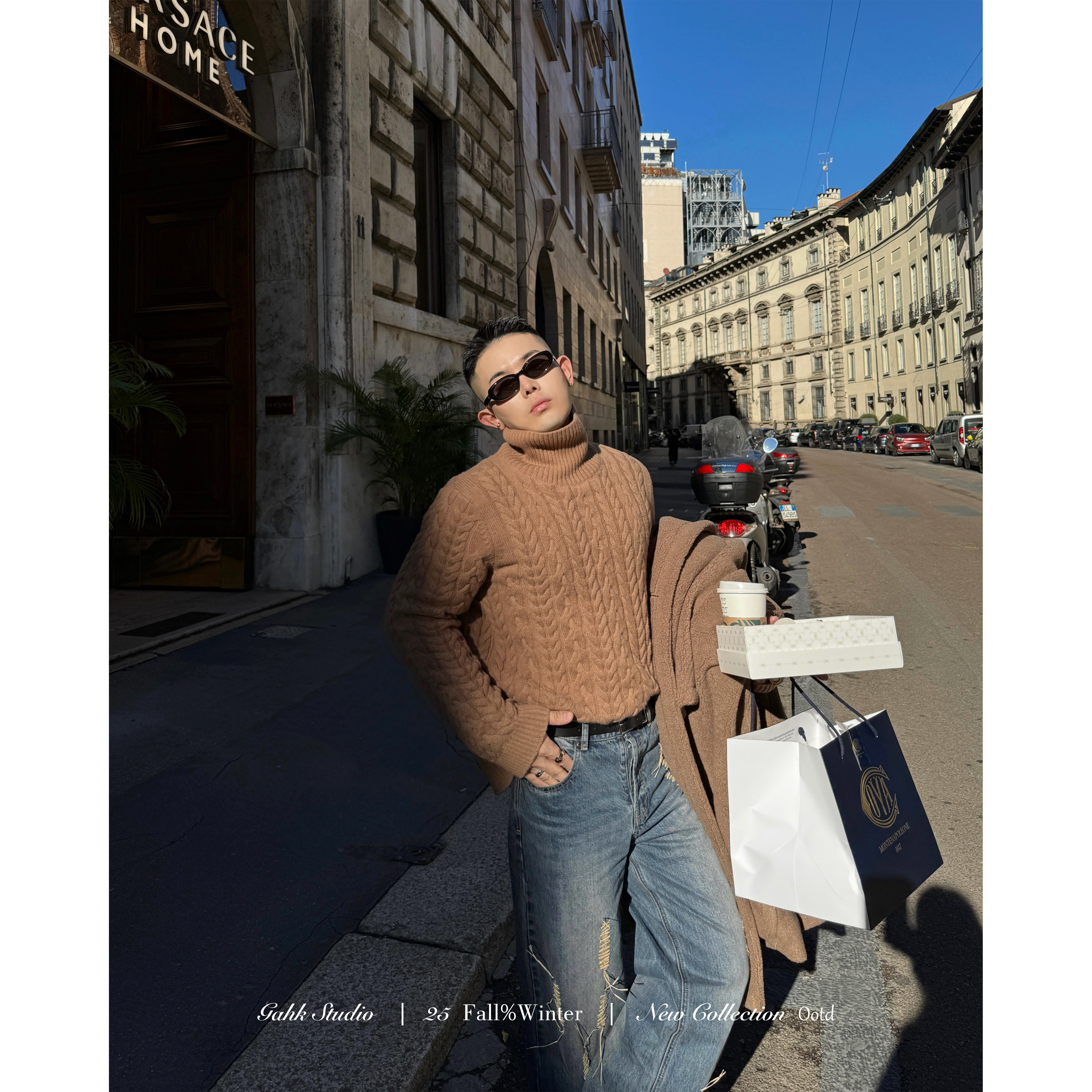 GAHKSTUDIO 老钱经典万年款 100羊毛朦胧咖色粗螺纹复古高领毛衣