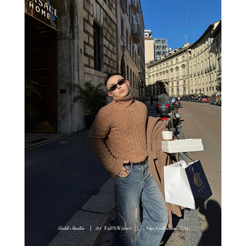 GAHKSTUDIO 老钱经典万年款 100羊毛朦胧咖色粗螺纹复古高领毛衣
