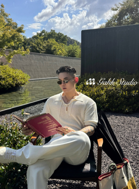 GAHKSTUDIO 25秋冬老钱风秀款白色设计感V领抽绳针织tee