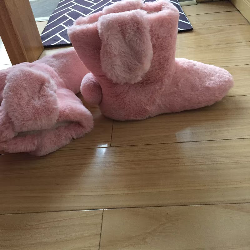 外贸出口可爱兔耳朵毛绒棉拖女加厚保暖居家防滑地板鞋懒人毛毛鞋