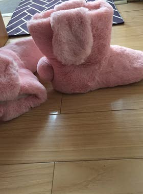 外贸出口可爱兔耳朵毛绒棉拖女加厚保暖居家防滑地板鞋懒人毛毛鞋