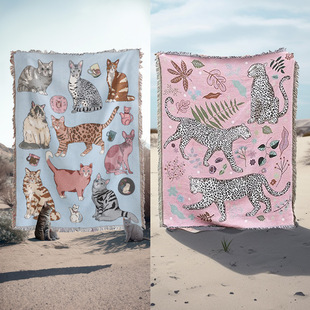 北欧风动物插画提花创意装 饰毯棉质多功能野餐垫沙发盖毯桌布披肩