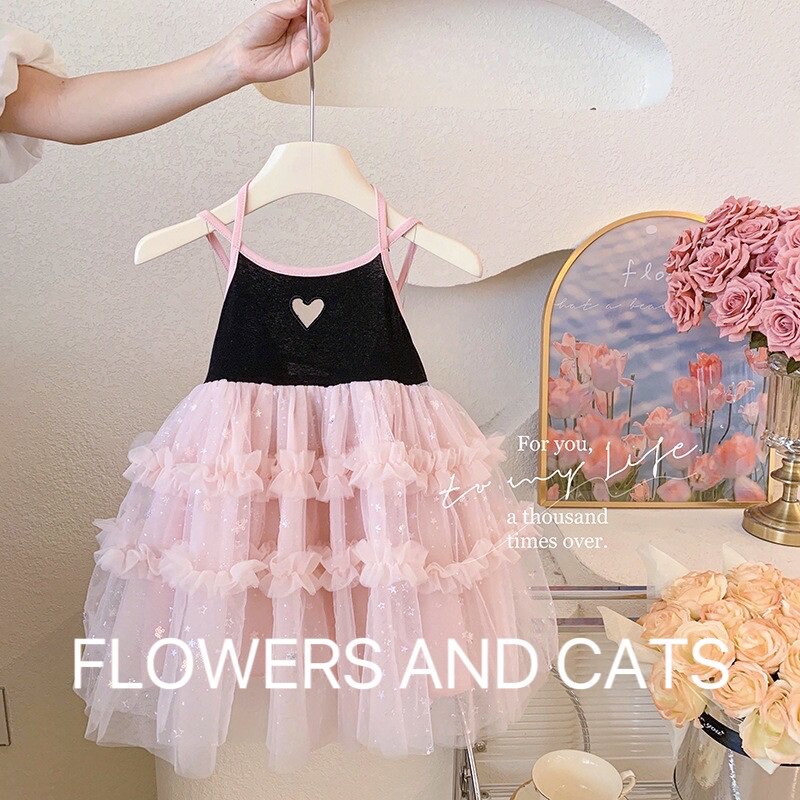 韩版夏季女童2025新款女宝宝洋气时髦爱心网纱连衣裙露背背心裙潮