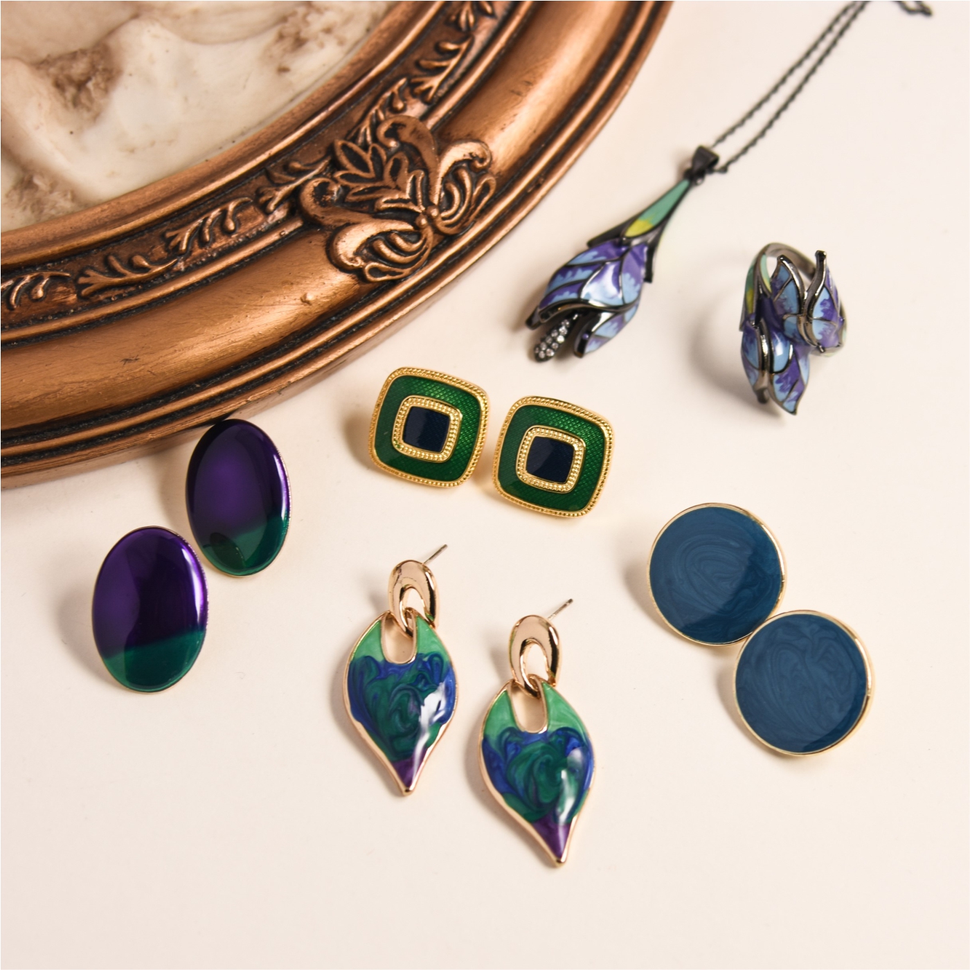 青绿珐琅撞色项链戒指