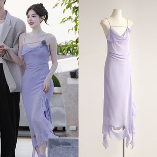 2025夏季一枝南南同款性感露背紫色吊带荷叶边连衣裙缎面长裙子