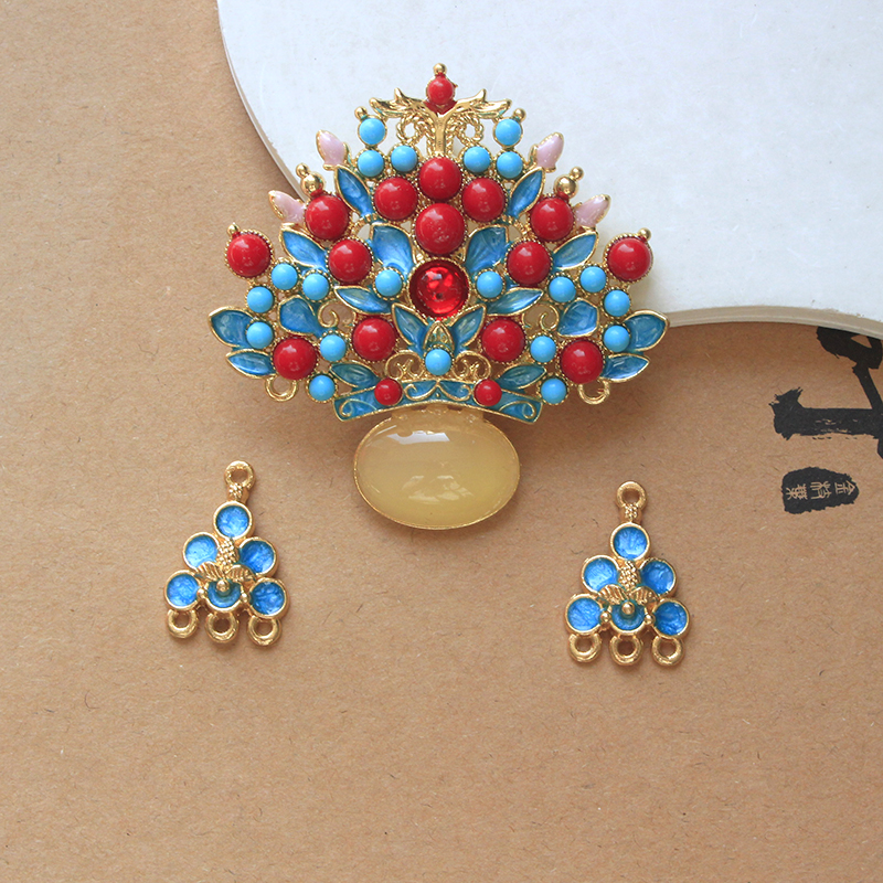 复古中式凤冠旗袍吊坠金属珐琅彩DIY饰品发簪头饰配件手工材料