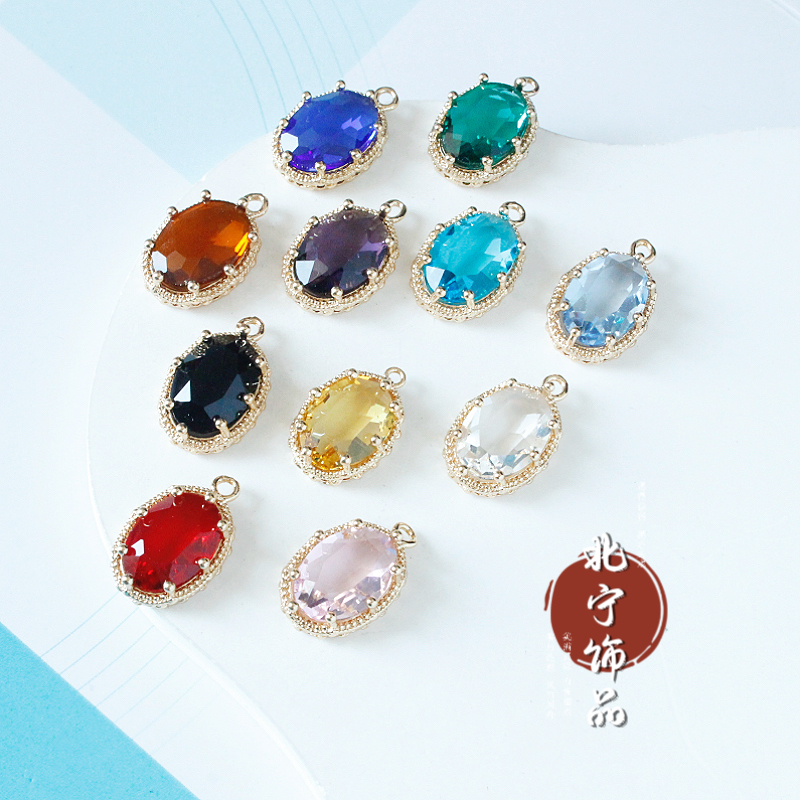 铜包边镶嵌玻璃椭圆形单吊挂饰挂件 手工diy凤冠流苏耳饰材料配件