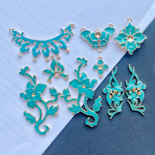 滴油仿点翠烧蓝牡丹兰花四叶草吊坠diy古风发簪耳环镀金饰品配件