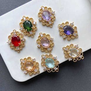 保色微镶锆石镂空椭圆双吊稀土玻璃配饰手工吊饰diy手链项链材料