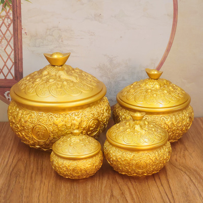 黄铜元宝金蟾聚宝盆带盖招财玄关八福摆件居家客厅礼物新中式摆件