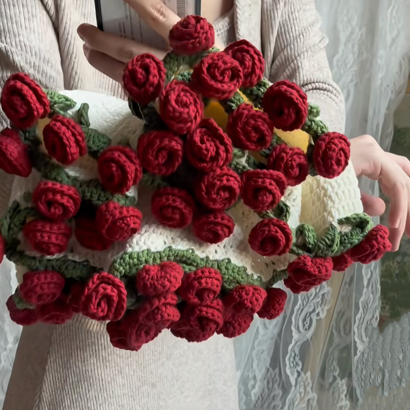 玫瑰花束毯子手工编织diy材料包毛线团钩织花朵毛毯花勾针