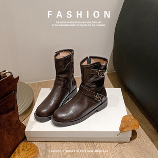 羊皮西部中筒秋冬女靴短靴女拉德厚底马丁靴侧拉链平底美显瘦新款