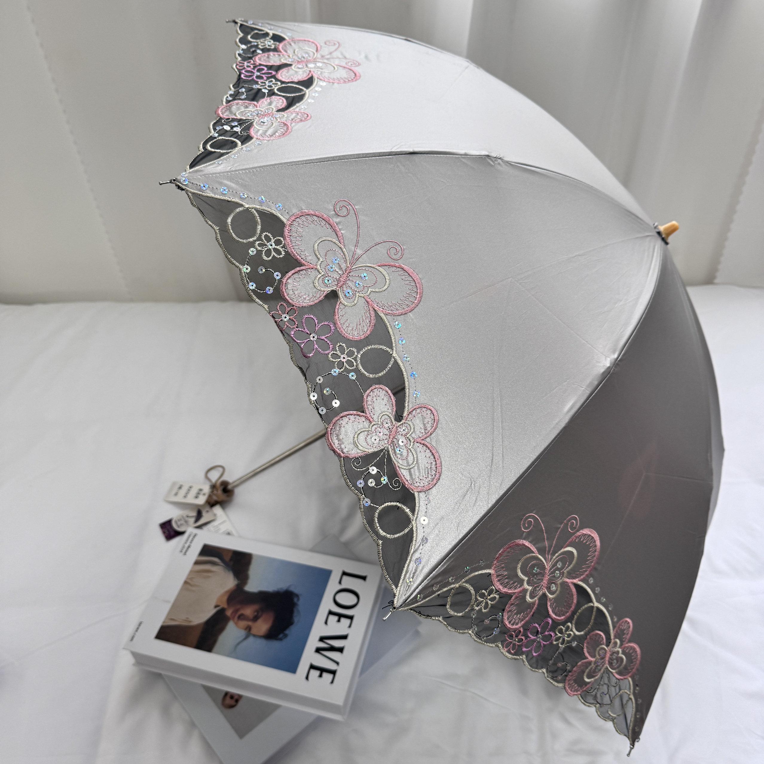 宏达刺绣清新太阳伞蝴蝶蕾丝晴雨两用遮阳伞折叠防紫外线骨架加粗