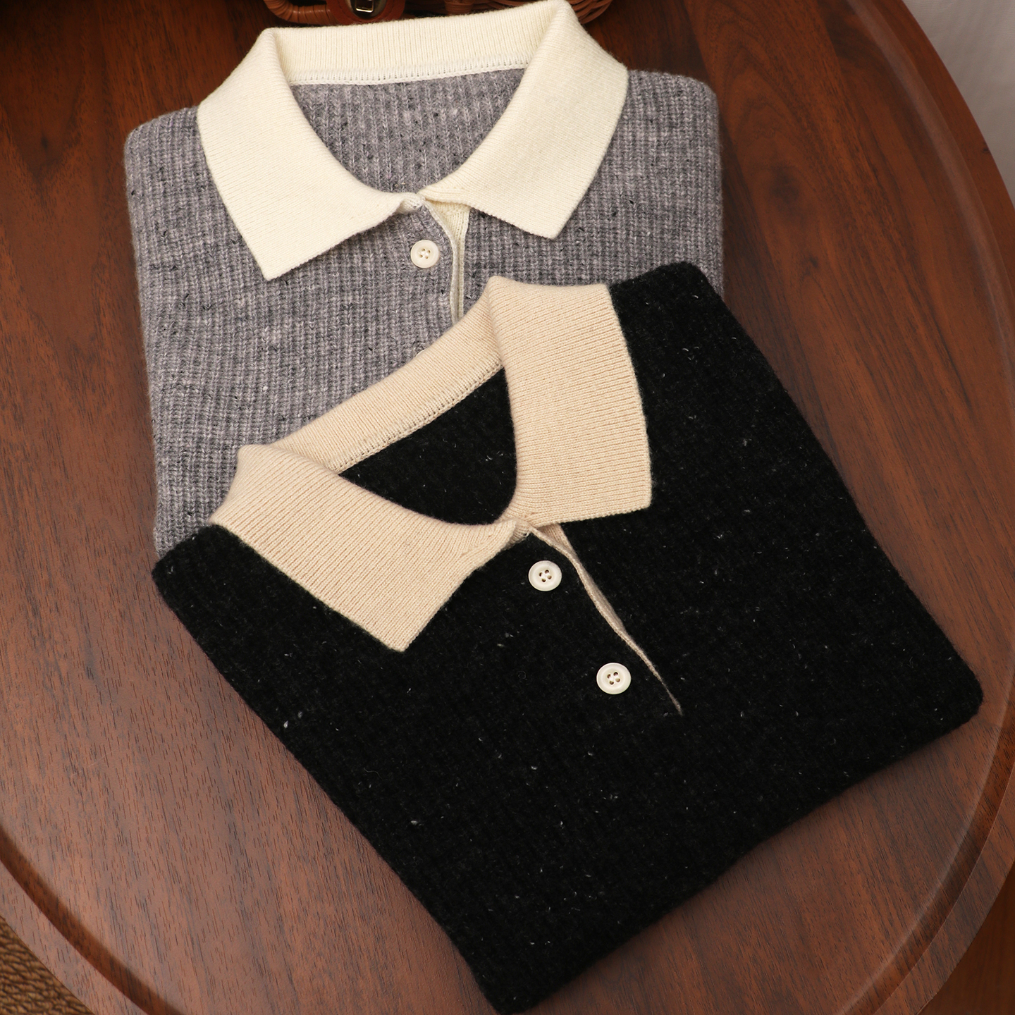 男女童100%纯羊毛洗绒亲肤保暖】撞色翻领POLO针织衫宝宝百搭毛衣