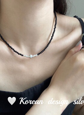 韩国手工设计款 S925纯银简约个性圆珠黑碧玺项链 显锁骨ins风女