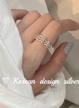韩国ins博主同款手饰品 S925纯银三层波浪戒指女 个性小众食指环