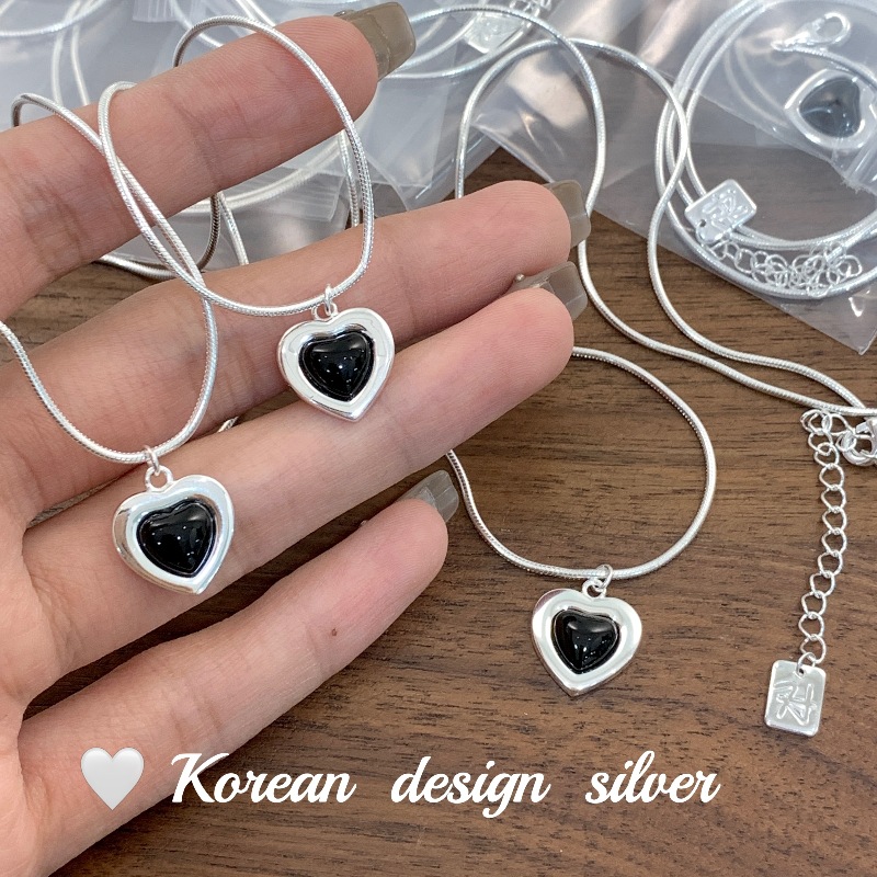 韩国南大门亮银饰品 s925纯银简约爱心黑玛瑙蛇骨项链女