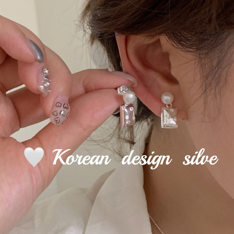 韩国秋冬新款精致耳钉 S925纯银几何方形镶钻珍珠耳钉 小众高级感