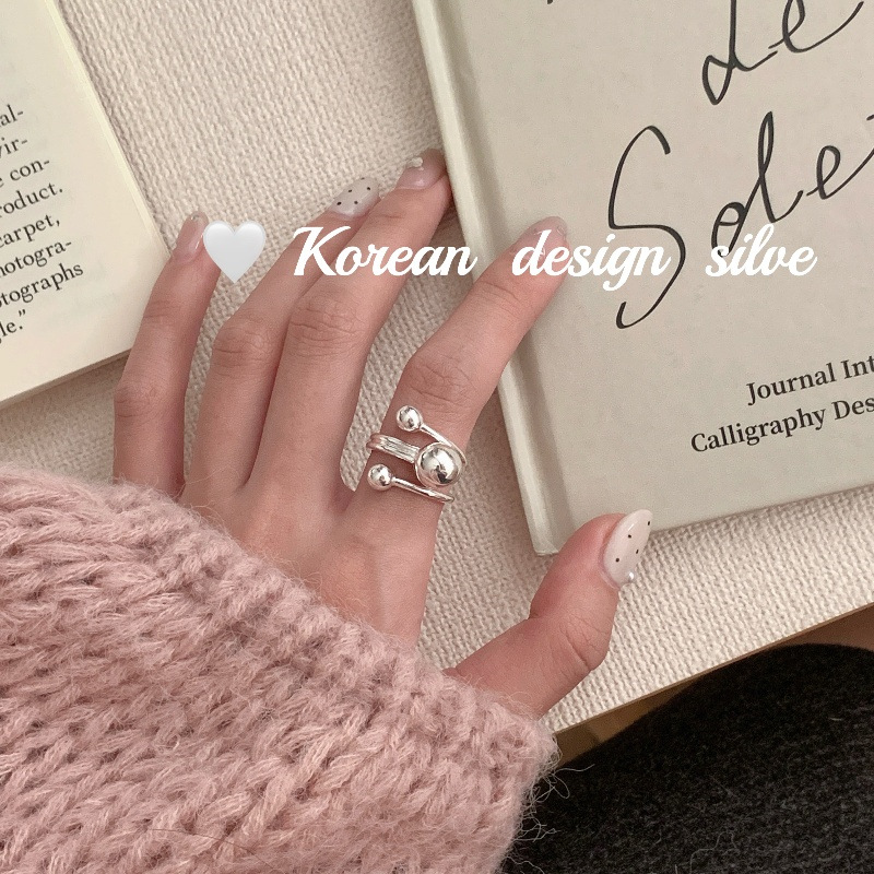韩版ins博主同款饰品 S925纯银三球交叉大小珠戒指开口叠戴女指环