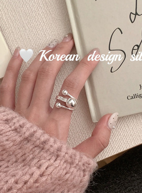 韩版ins博主同款饰品 S925纯银三球交叉大小珠戒指开口叠戴女指环