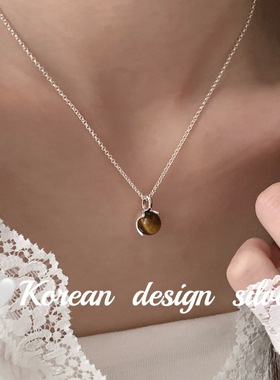 韩国设计简约银饰品 925纯银 弧形半包玛瑙项链 叠戴锁骨链女ins