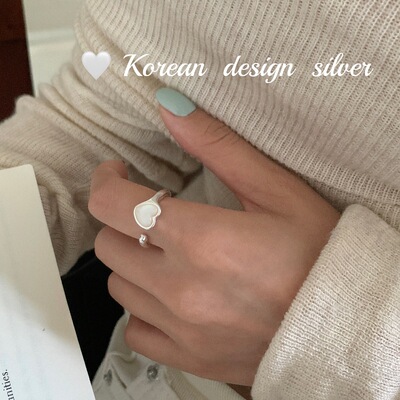 韩版轻奢ins小众设计饰品 S925纯银爱心形贝壳开口可调节戒指 女