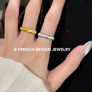 法式 925纯银布契风拉丝不规则戒指叠 轻奢高级感气质简约手饰品