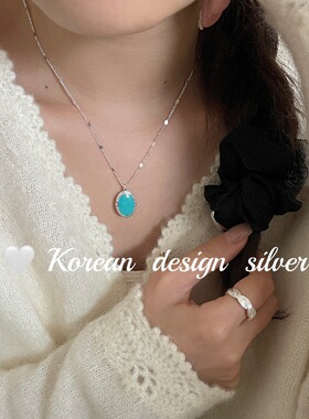 韩国东大门ins饰品批发 S925纯银椭圆形蓝色滴胶项链 亮银锁骨链