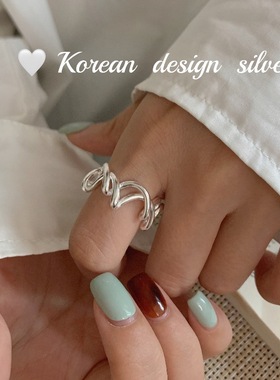 韩国ins博主同款饰品 S925纯银镂空线条缠绕戒指 开口叠戴女指环