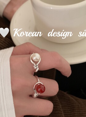 韩版ins风设计感银饰品 S925纯银简约红玛瑙珍珠椭圆镂空麻花戒指