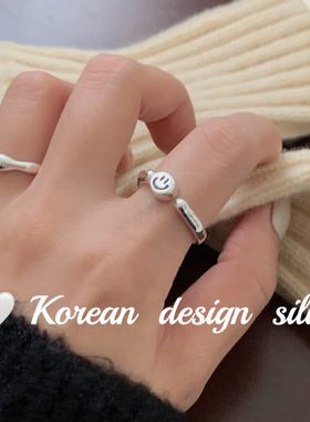 韩国个性设计简约银饰品 S925纯银精美笑脸戒指 叠戴可调节指环女