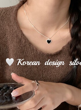 韩国东大门饰品 S925纯银黑色爱心滴胶锁骨项链 ins风女叠戴