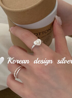 日系韩版小清新简约开口指环S925纯银爱心珍珠戒指 INS风高级感女
