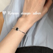 韩国S925纯银手镯女款 黑玛瑙椭圆树枝可调节手环日韩小众ins设计