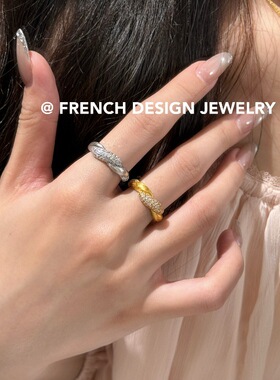 超美法式轻奢布契风拉丝麻花镶钻戒指S925纯银优雅浪漫温柔