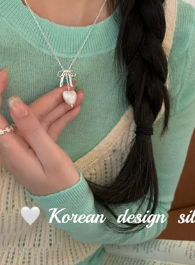 韩国小众ins风饰品  S925纯银蝴蝶结爱心贝珠项链 极简冷淡级感