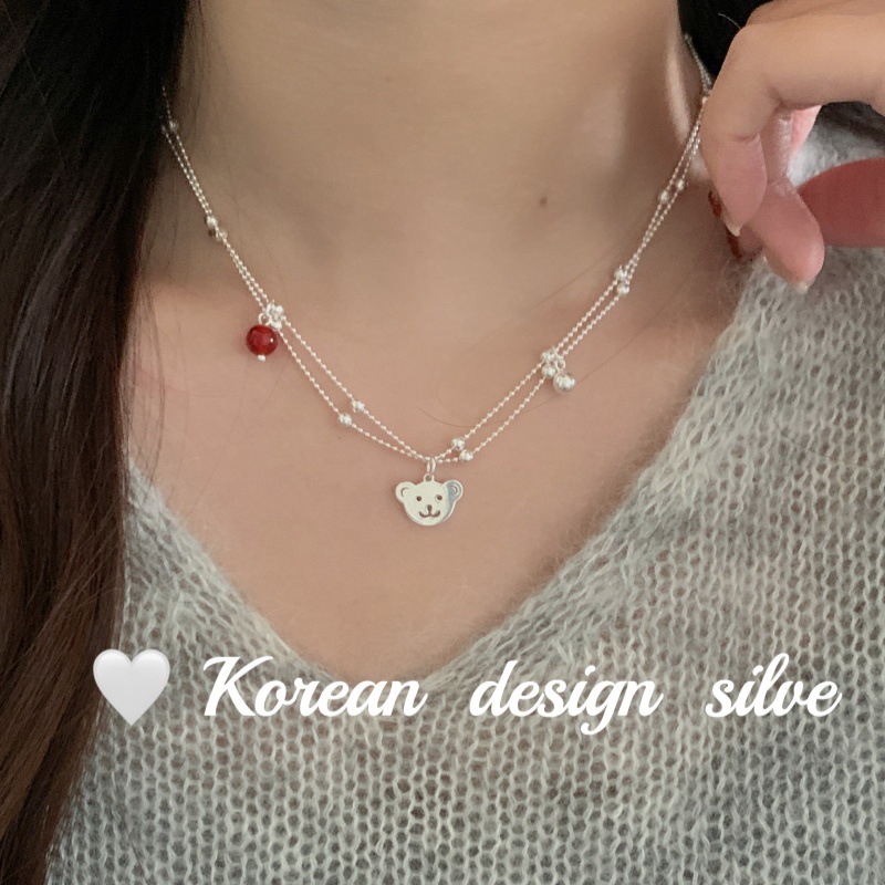 韩版ins风小众设计银饰品 S925纯银小熊红玛瑙双层项链叠戴高级感