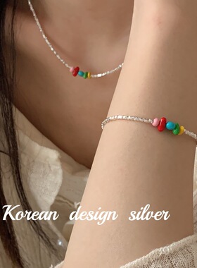 韩国可爱少女心925纯银简约小众滴釉彩色豆豆几何碎银子手链女ins