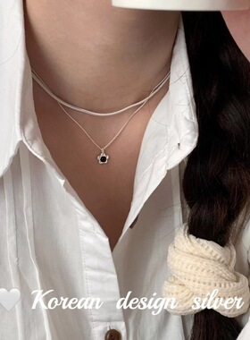 韩国ins风简约时髦百搭亮银饰品 S925纯银花朵黑玛瑙项链百搭