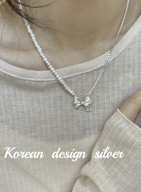 2o24新轻奢小众不对称侧身珍珠锁骨链简约高级925纯银蝴蝶结项链