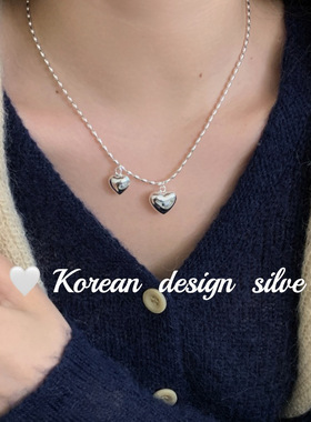 韩国设计2o24新款银饰品 S925纯银大小光面爱心项链叠戴气质ins风